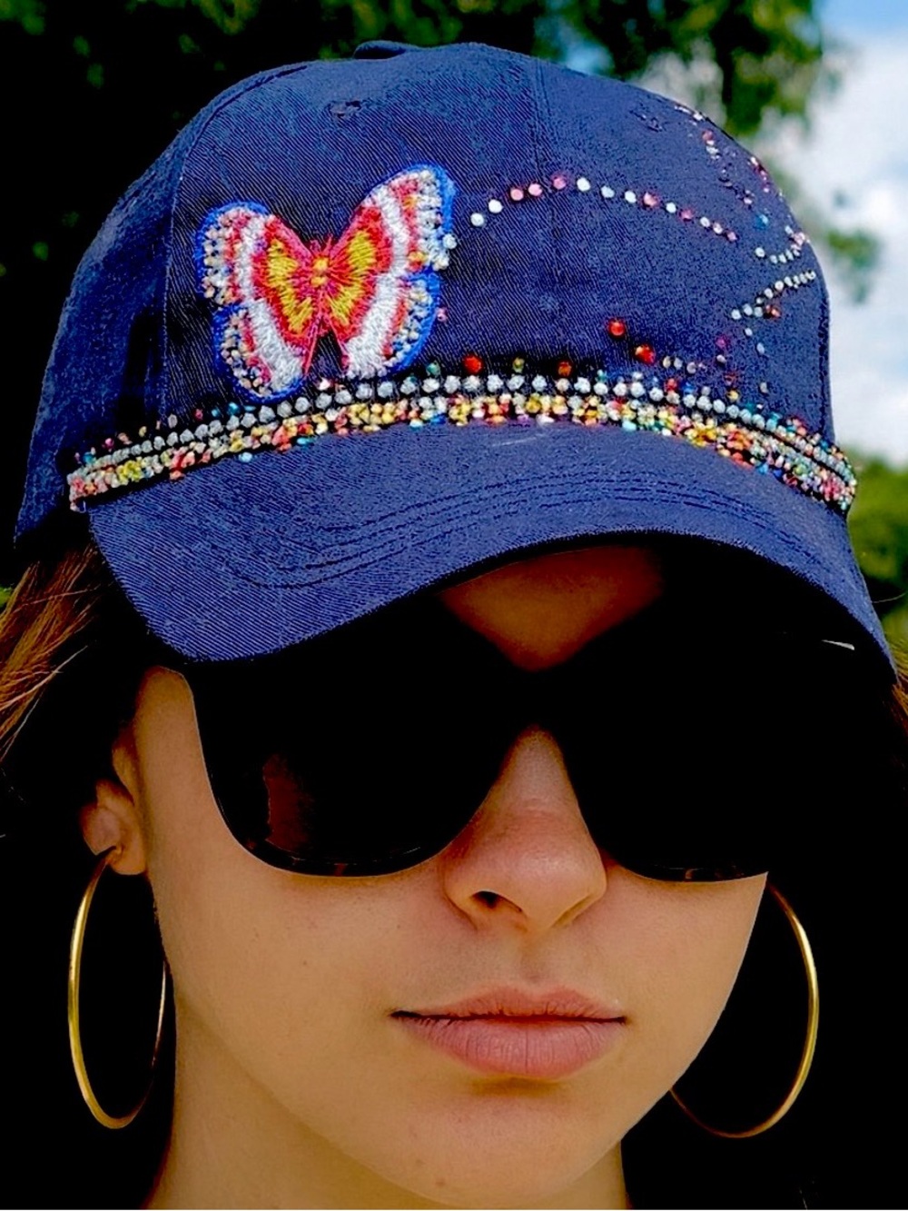 Navy Blue Ladies Bling Shiny Rhinestone accent Butterfly Baseball Cap Hat
